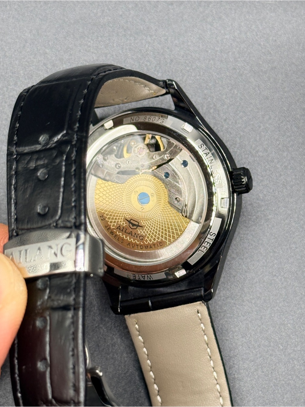Ailang Automatic Mechanical Open Heart Watch Blue Dial Black Leather - Picture 6 of 8